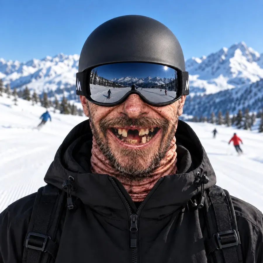 Skier wearing the Gap-Tooth Funny Mask
